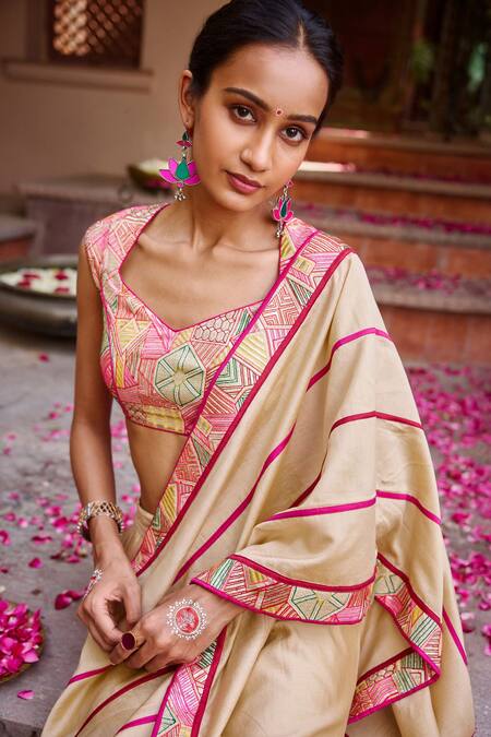 Shop_Gulabo By Abu Sandeep_Beige Chanderi Embroidery Pre-draped Dhoti Saree 