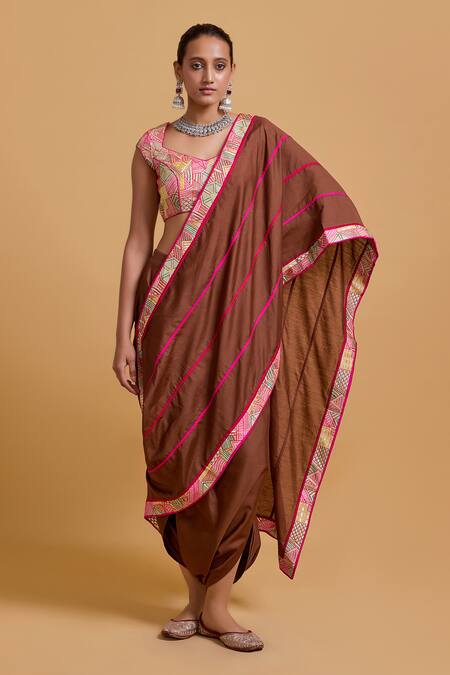 Buy_Gulabo By Abu Sandeep_Brown Chanderi Embroidery Designer Dhoti Saree _Online_at_Aza_Fashions