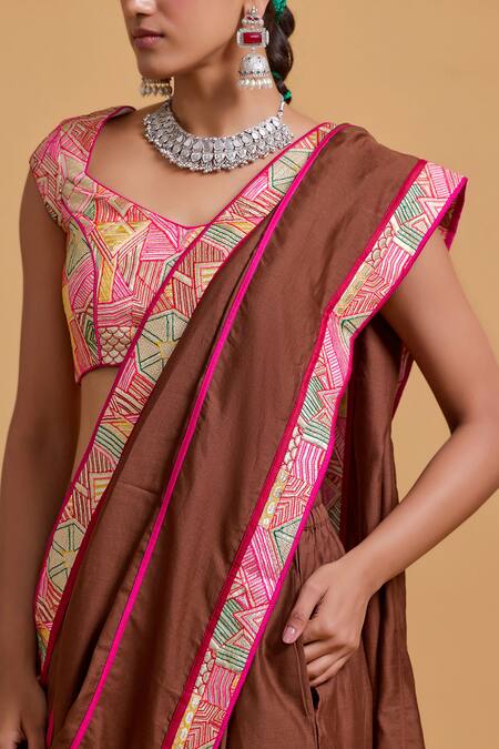 Shop_Gulabo By Abu Sandeep_Brown Chanderi Embroidery Designer Dhoti Saree _Online_at_Aza_Fashions