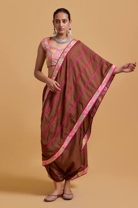 Gulabo By Abu Sandeep_Brown Chanderi Embroidery Designer Dhoti Saree _at_Aza_Fashions
