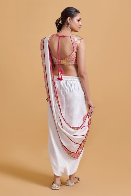 Gulabo By Abu Sandeep Off White Chanderi Pre-Draped Dhoti Saree 