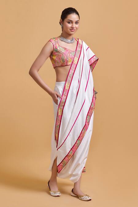 Gulabo By Abu Sandeep_Off White Chanderi Pre-draped Dhoti Saree _Online_at_Aza_Fashions