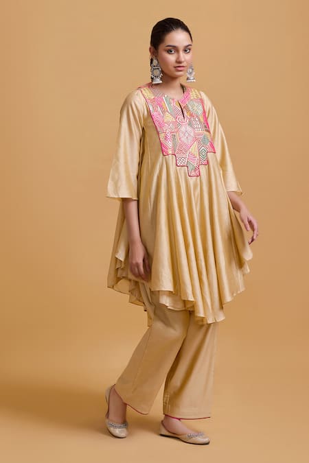 Gulabo by Abu Sandeep Beige Chanderi Embroidered Kurta Pant Set 