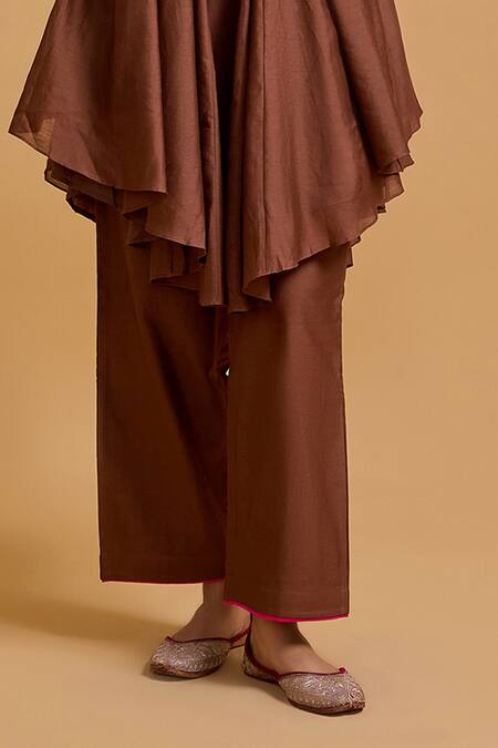 Gulabo By Abu Sandeep_Brown Chanderi Embroidery Keyhole Neck Kurta Pant Set _Online_at_Aza_Fashions