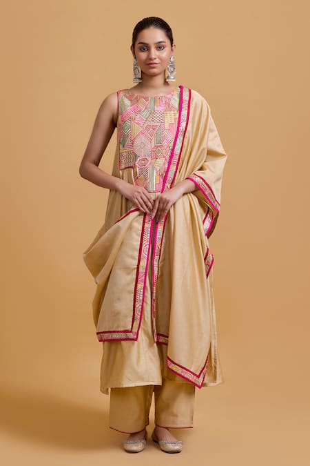 Gulabo by Abu Sandeep Beige Chanderi Embroidered Kurta Set 