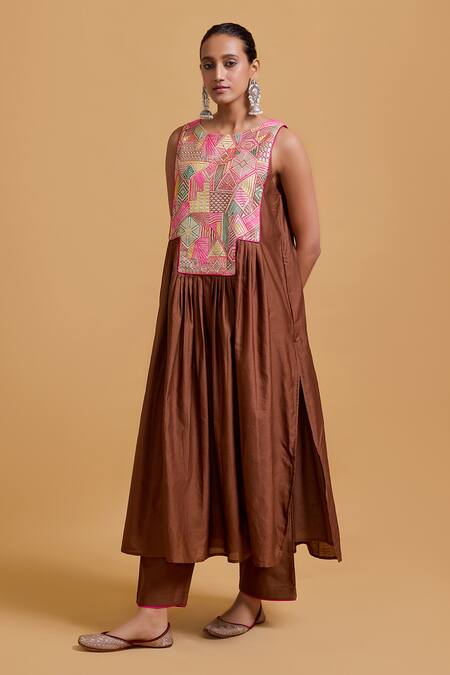 Shop_Gulabo By Abu Sandeep_Brown Chanderi Embroidery Round Neck Kurta Set _Online_at_Aza_Fashions