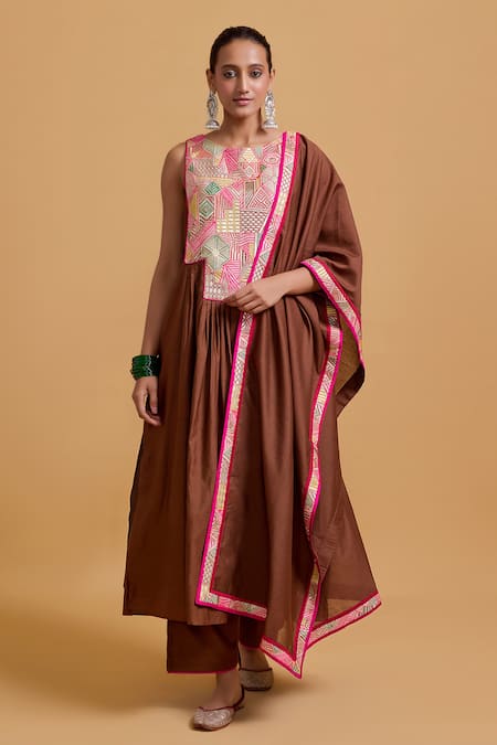 Gulabo by Abu Sandeep Brown Chanderi Embroidered Kurta Set 