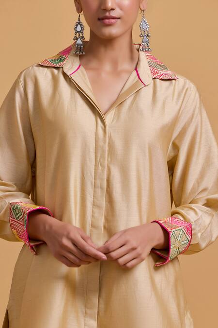 Shop_Gulabo By Abu Sandeep_Beige Chanderi Embroidery Collared Shirt And Pant Set _Online_at_Aza_Fashions