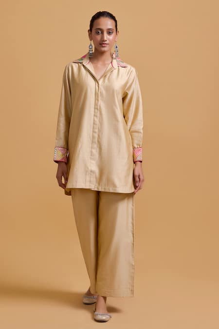 Gulabo by Abu Sandeep Beige Chanderi Shirt & Pant Set 