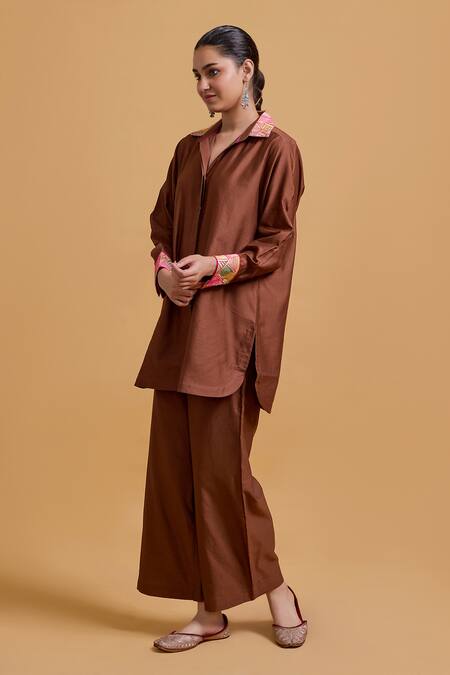 Gulabo By Abu Sandeep_Brown Chanderi Embroidery Collared Shirt And Pant Set _Online_at_Aza_Fashions