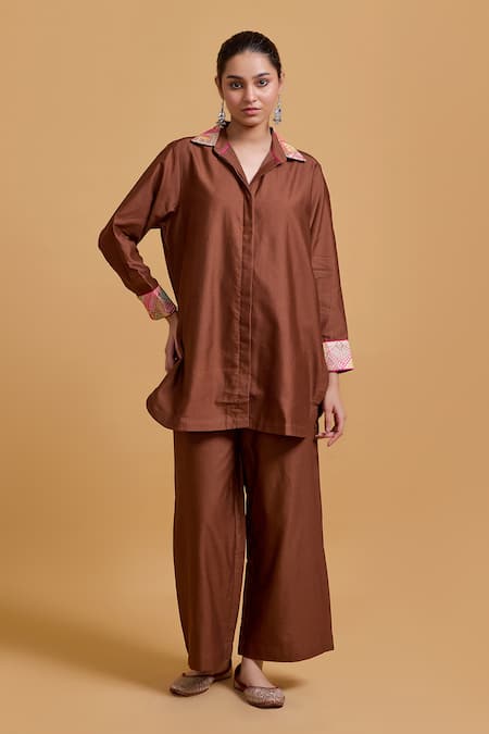 Gulabo by Abu Sandeep Brown Chanderi Shirt & Pant Set 