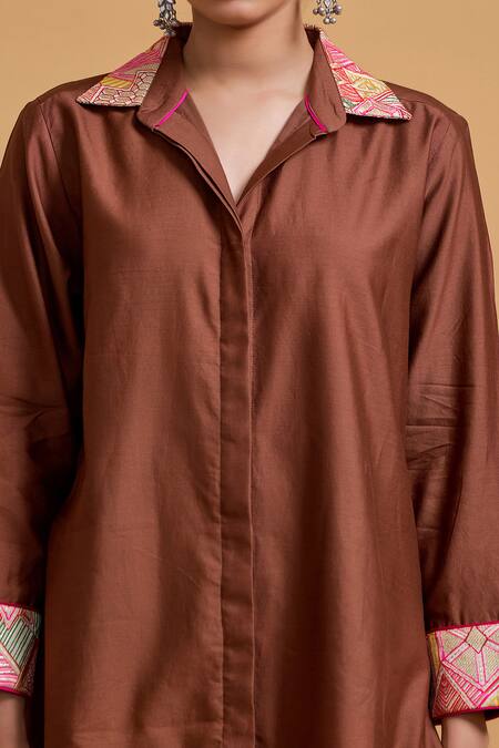 Buy_Gulabo By Abu Sandeep_Brown Chanderi Embroidery Collared Shirt And Pant Set _Online_at_Aza_Fashions
