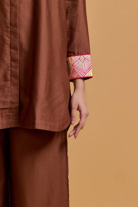 Shop_Gulabo By Abu Sandeep_Brown Chanderi Embroidery Collared Shirt And Pant Set _Online_at_Aza_Fashions
