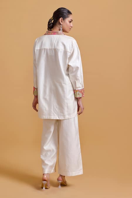 Gulabo By Abu Sandeep Off White Chanderi Designer Shirt & Pant Set 