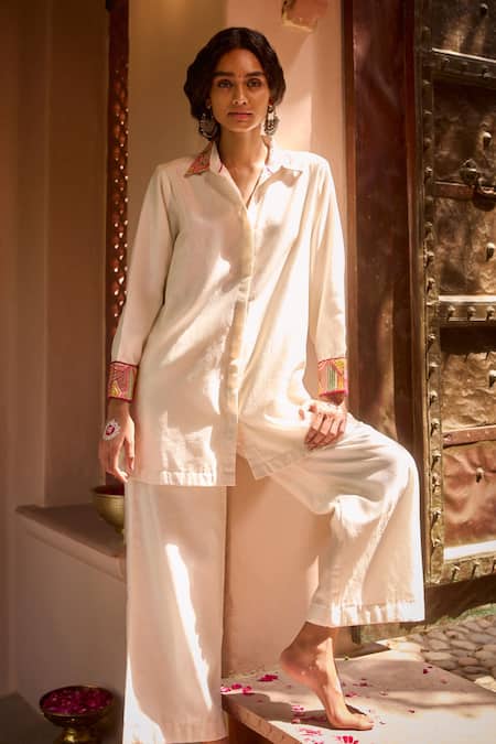 Gulabo by Abu Sandeep Off White Chanderi Designer Shirt & Pant Set 