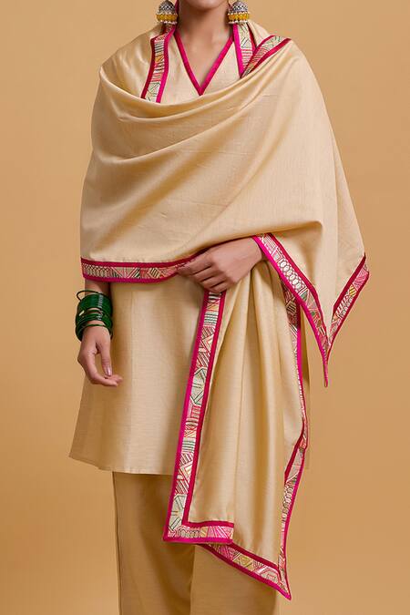 Gulabo By Abu Sandeep_Beige Chanderi Embroidery Dupatta _Online_at_Aza_Fashions