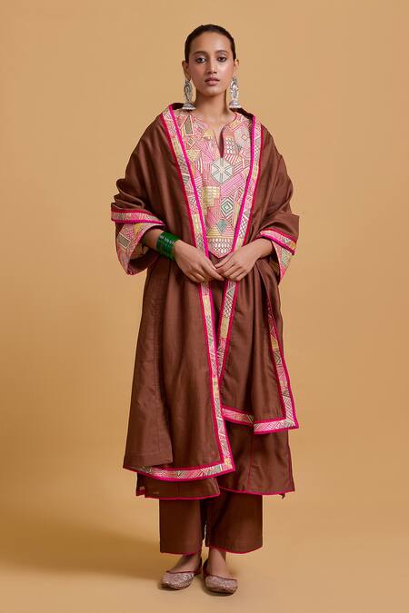 Gulabo By Abu Sandeep_Brown Chanderi Embroidery Designer Dupatta _Online_at_Aza_Fashions