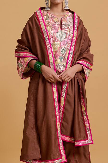 Buy_Gulabo By Abu Sandeep_Brown Chanderi Embroidery Designer Dupatta _Online_at_Aza_Fashions