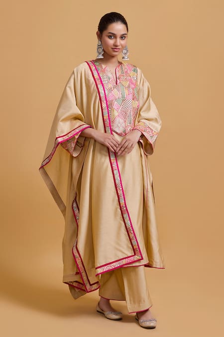Gulabo by Abu Sandeep Beige Chanderi Embroidered Kurta Pant Set 