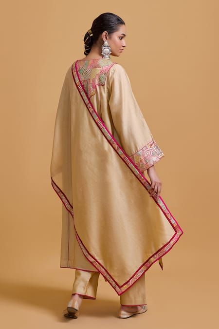 Gulabo By Abu Sandeep Beige Chanderi Embroidered Kurta Pant Set 