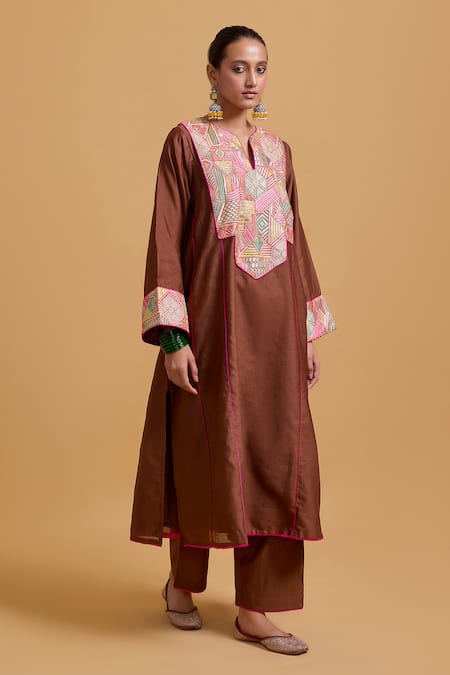 Buy_Gulabo By Abu Sandeep_Brown Chanderi Embroidery Split V-neck Kurta Pant Set _Online_at_Aza_Fashions
