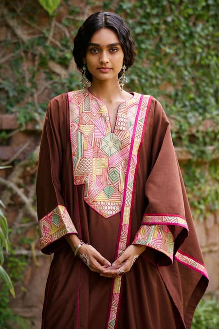 Shop_Gulabo By Abu Sandeep_Brown Chanderi Embroidery Split V-neck Kurta Pant Set _Online_at_Aza_Fashions