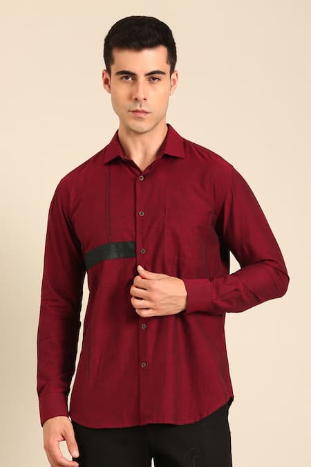 Mayank Modi - Men_Maroon Cotton Designer Malai Shirt _at_Aza_Fashions