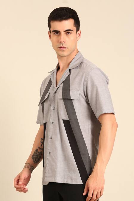 Buy_Mayank Modi - Men_Gray Cotton Grey-black Malai Shirt _Online_at_Aza_Fashions