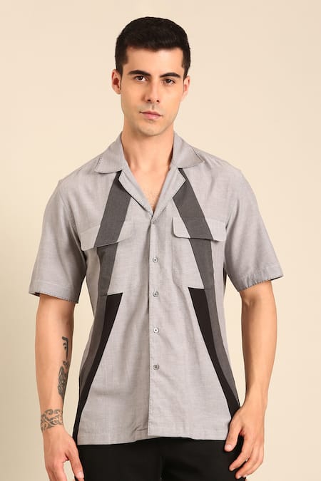 Shop_Mayank Modi - Men_Gray Cotton Grey-black Malai Shirt _Online_at_Aza_Fashions
