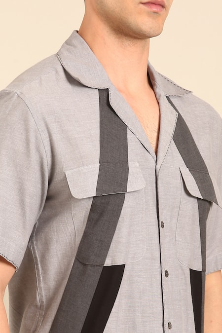 Mayank Modi - Men_Gray Cotton Grey-black Malai Shirt _at_Aza_Fashions
