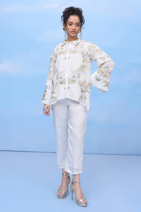 Couché By Anandini_Ivory Silk Embroidery, Patchwork Collared Velvet Dreams Floral Shirt _Online_at_Aza_Fashions