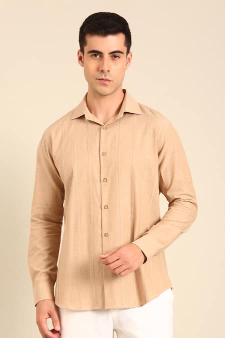 Mayank Modi - Men_Beige Cotton Malai Shirt _Online_at_Aza_Fashions
