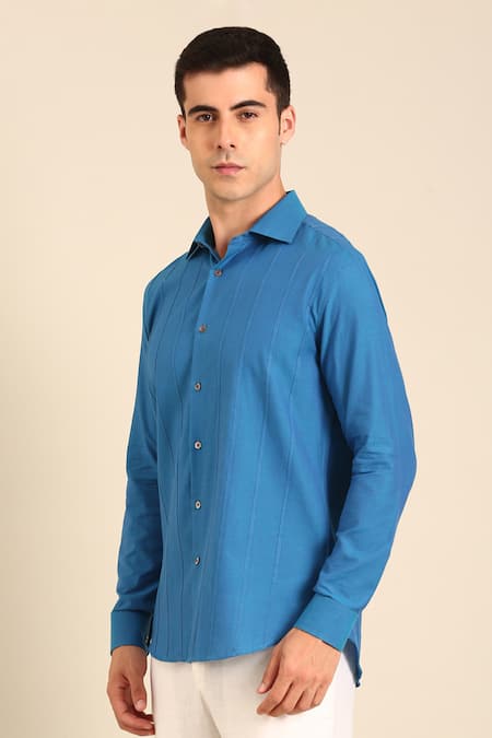 Shop_Mayank Modi - Men_Blue Cotton Designer Malai Shirt _Online_at_Aza_Fashions