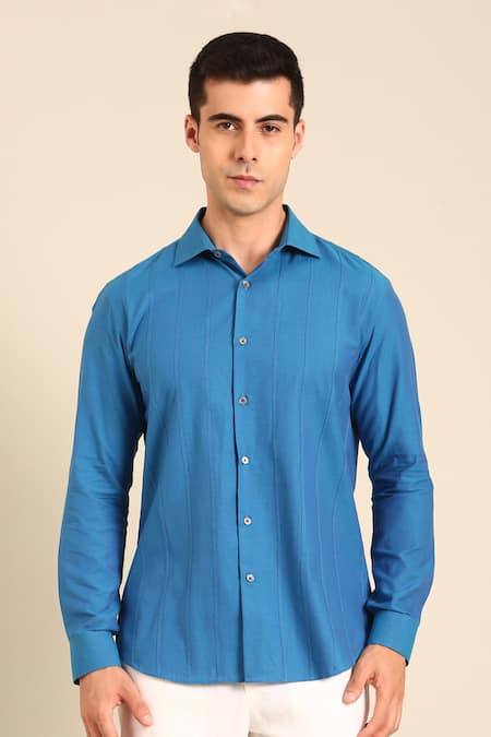 Mayank Modi - Men_Blue Cotton Designer Malai Shirt _at_Aza_Fashions