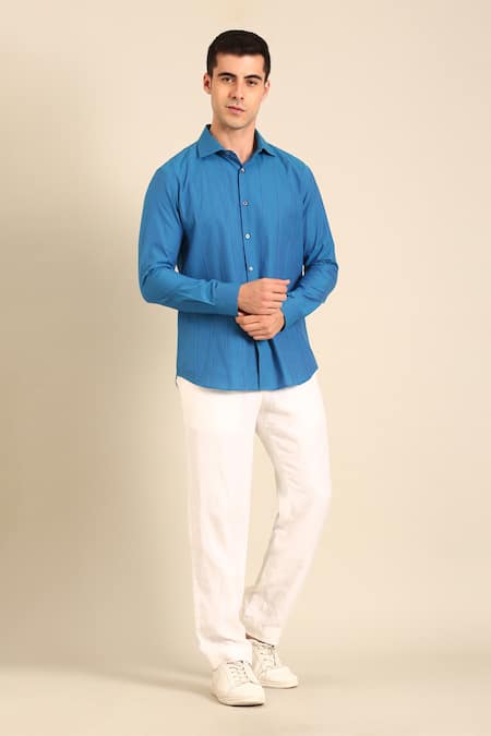 Mayank Modi - Men Blue Cotton Designer Malai Shirt 