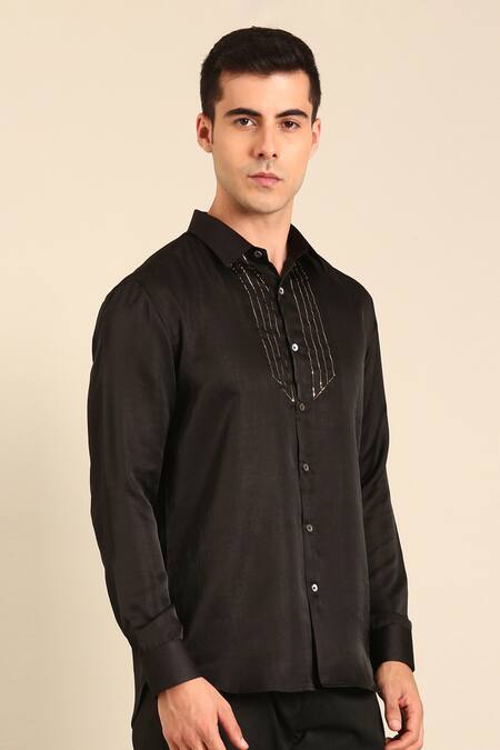 Mayank Modi - Men_Black Bemberg Embroidery Designer Silk Shirt _Online_at_Aza_Fashions