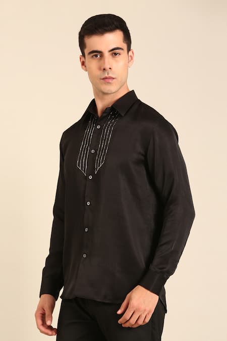 Buy_Mayank Modi - Men_Black Bemberg Embroidery Designer Silk Shirt _Online_at_Aza_Fashions
