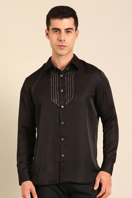 Shop_Mayank Modi - Men_Black Bemberg Embroidery Designer Silk Shirt _Online_at_Aza_Fashions
