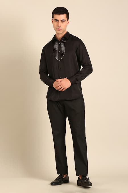 Mayank Modi - Men Black Bemberg Embroidery Designer Silk Shirt 