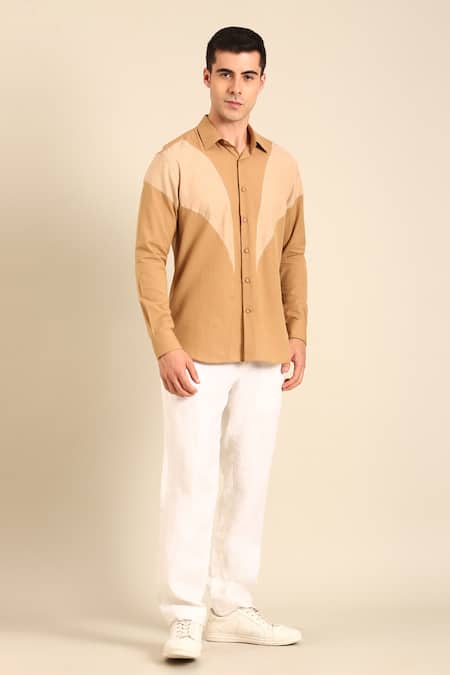 Mayank Modi - Men Beige Cotton Designer Beige-khaki Malai Shirt 
