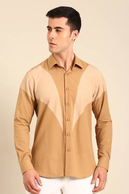 Mayank Modi - Men_Beige Cotton Designer Beige-khaki Malai Shirt _Online_at_Aza_Fashions