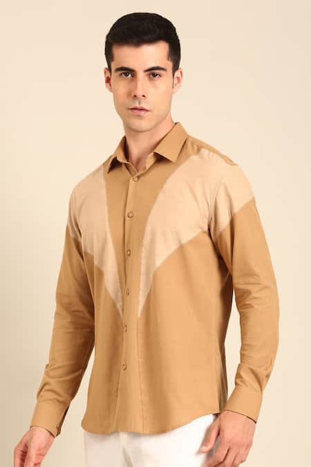 Shop_Mayank Modi - Men_Beige Cotton Designer Beige-khaki Malai Shirt _Online_at_Aza_Fashions