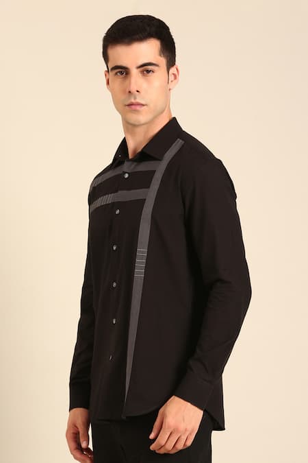 Mayank Modi - Men_Black Cotton Black-charcoal Malai Shirt _Online_at_Aza_Fashions