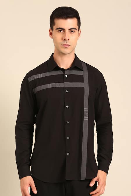 Shop_Mayank Modi - Men_Black Cotton Black-charcoal Malai Shirt _Online_at_Aza_Fashions