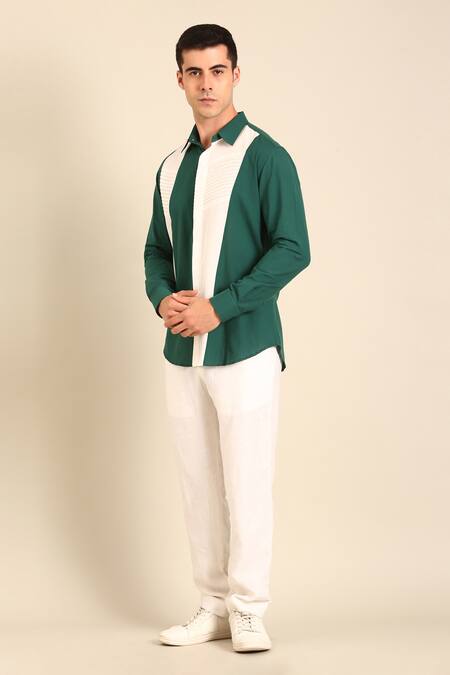 Mayank Modi - Men_Teal Cotton And White Malai Shirt _Online_at_Aza_Fashions