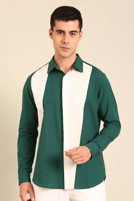 Mayank Modi - Men Teal Cotton And White Malai Shirt