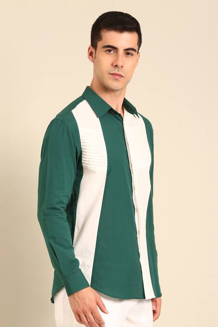 Buy_Mayank Modi - Men_Teal Cotton And White Malai Shirt _Online_at_Aza_Fashions