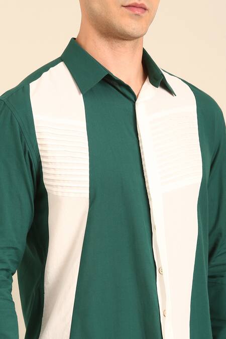 Shop_Mayank Modi - Men_Teal Cotton And White Malai Shirt _Online_at_Aza_Fashions