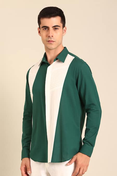 Mayank Modi - Men_Teal Cotton And White Malai Shirt _at_Aza_Fashions