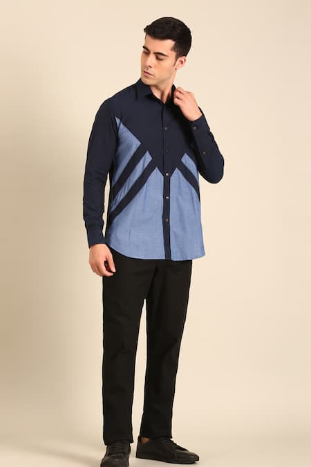Mayank Modi - Men Navy Cotton Designer Blue Malai Shirt